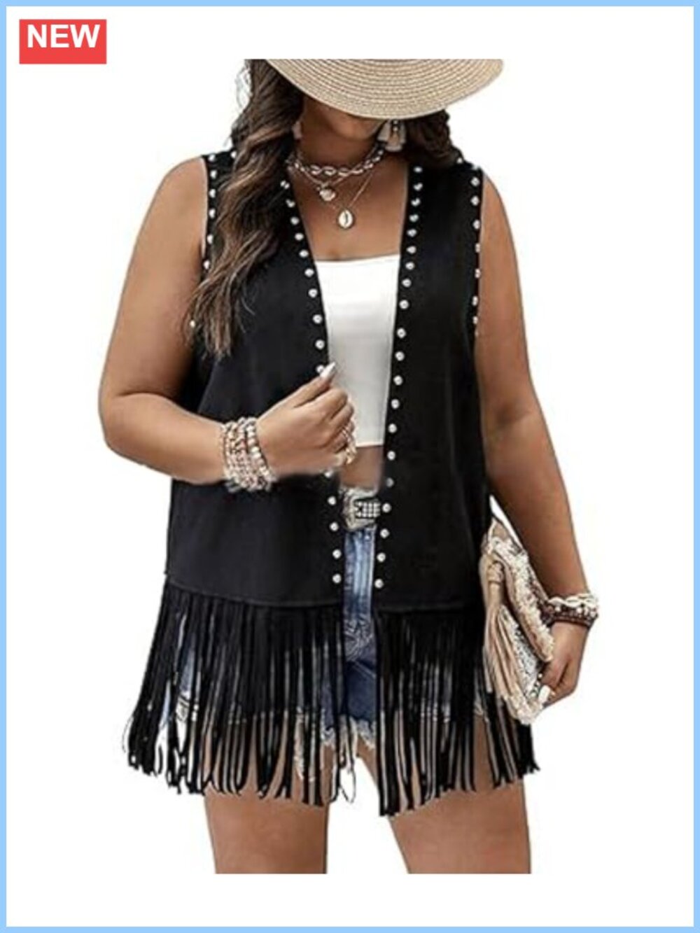 Faux Suede Fringe Vest Sleeveless Open Front Cardigan Rivet Trim